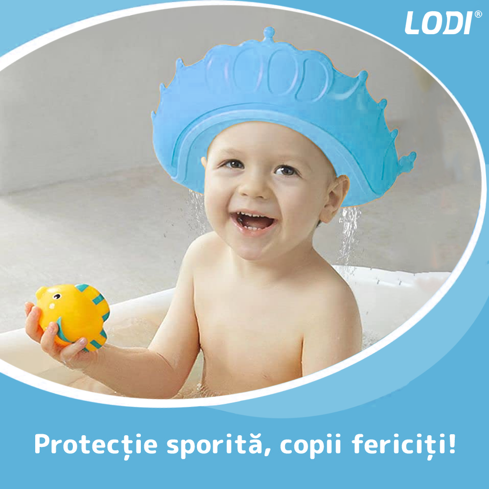 Palarie de Baie pentru Copii Lodi529, protectie impotriva samponului pentru ochi si urechi, reglabila, forma coroana rege/regina, albastru