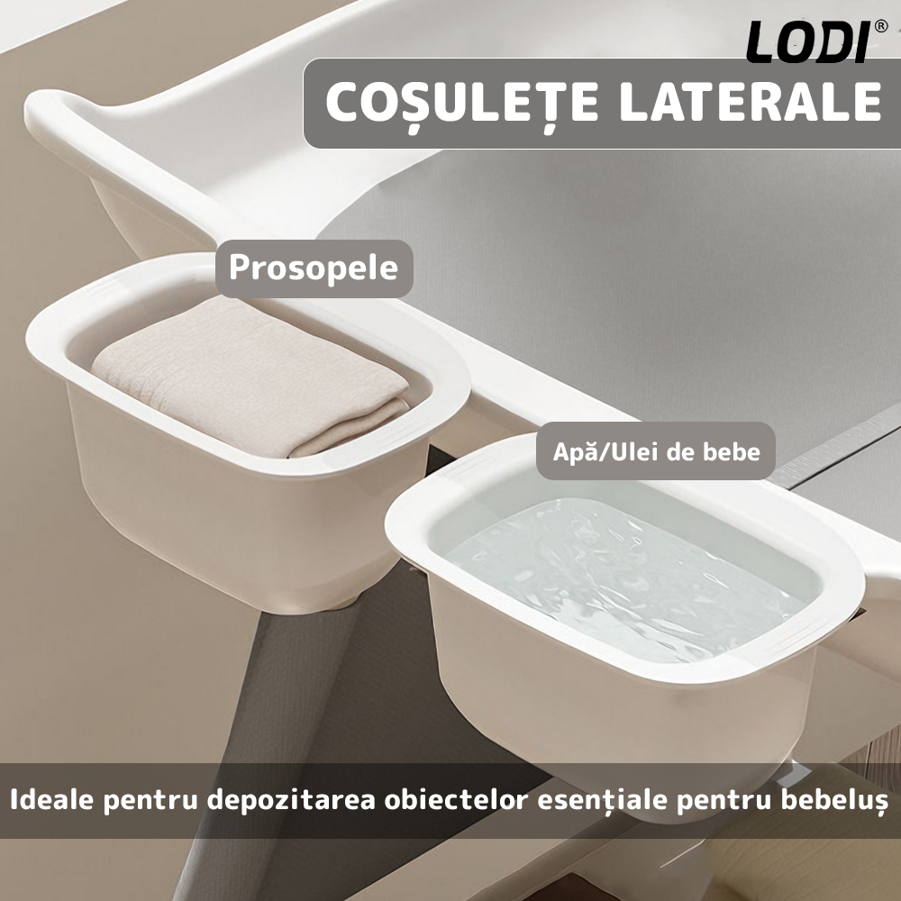 Masa de Infasat Bebe Lodi1125, pernuta moale, spatii de depozitare, roti cu frana, ajustabila pe 3 niveluri, structura stabila, alb/gri