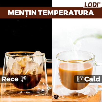 Set 4 Cani de Sticla cu Perete Dublu Lodi1004, model COFFEE, design modern, termorezistente, capacitate 200 ml, 12 x 8 cm