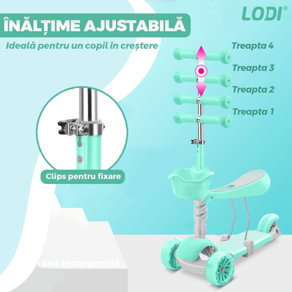 Trotineta pentru Copii 2 in 1 Lodi1111, scaunel incorporat, lumini,3 roti, cosulet frontal, anti-aluncare, inaltime ajustabila, stabila, frana, incorporata, 3-11 ani, turcoaz