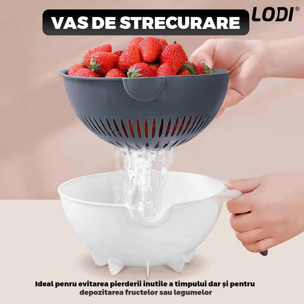 Strecuratoare 2 in 1 Lodi1453, razatoare incorporata, bol de scurgere, rotire 360°, 7 lame diferite, maner anti-alunecare, curatator de legume si fructe inclus, alb/negru