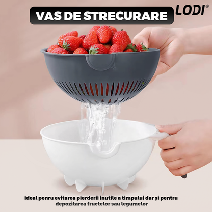 Strecuratoare 2 in 1 Lodi1453, razatoare incorporata, bol de scurgere, rotire 360°, 7 lame diferite, maner anti-alunecare, curatator de legume si fructe inclus, alb/negru