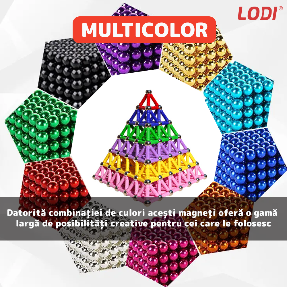 Set de Constructii Magnetic Lodi459, joc indemanare, antistres, cutie de depozitare argintie, modele 3D, multicolor