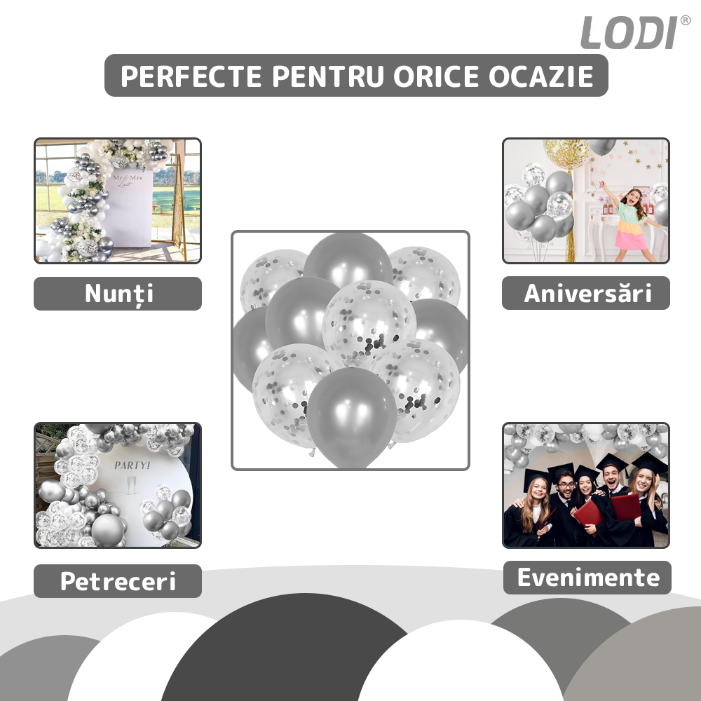 Set 10 Baloane Lodi770, Confeti, pentru Petreceri/Aniversari/Evenimente, o singura dimensiune, 2 culori, latex, argintiu