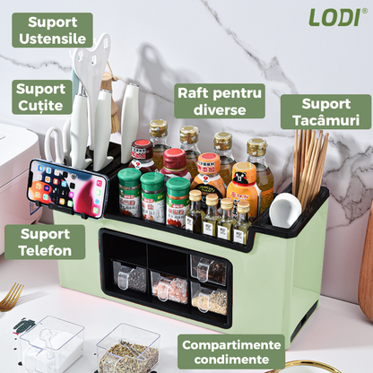 Organizator Multifunctional pentru Bucatarie Lodi683, 6 Compartimente, raft condimente, suport detasabil telefon, tavita de scurgere, suport tacamuri/ustensile, verde deschis