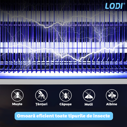 Aparat Electric Anti-Insecte Lodi1170, 4W, Insectocutor cu 2x tuburi ultraviolete, raza de actiune 200 m², unghi de propagare 360º, design modern, alb/negru