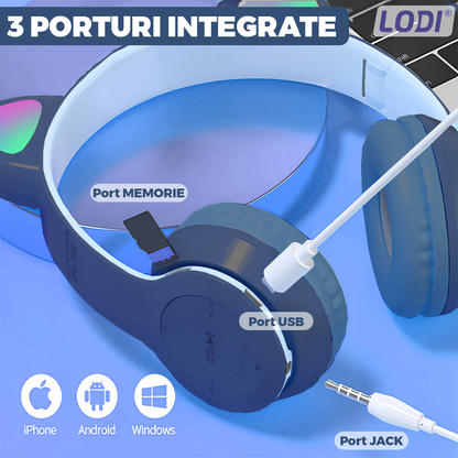 Casti Wireless Model Pisica Lodi954, P47M, overear, urechi de pisica cu iluminare RGB, bluetooth 5.0, handsfree, HiFi, bass stereo, albastru inchis