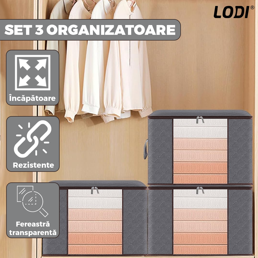 Set 3 Cutii pentru Depozitare si Organizare Mici Lodi1036, pliabile, maner ranforsat si fereastra transparenta, pentru haine/paturi/ plapumi/ perne/ lenjerii de pat/jucarii, 60 L, 46x48x28 cm, gri deschis