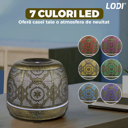 Difuzor Aromaterapie Lodi684, din metal, design vintage, 7 culori LED, 2 jocuri de lumini, capacitate 500ml, silentios, umidifica aerul, bronz