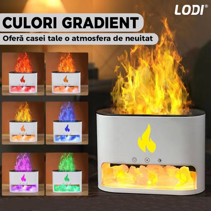 Difuzor Aromaterapie Lodi593, efect flacara, 4 culori LED, capacitate 250ml, cristale de sare de himalaya, silentios, umidifica aerul, alb