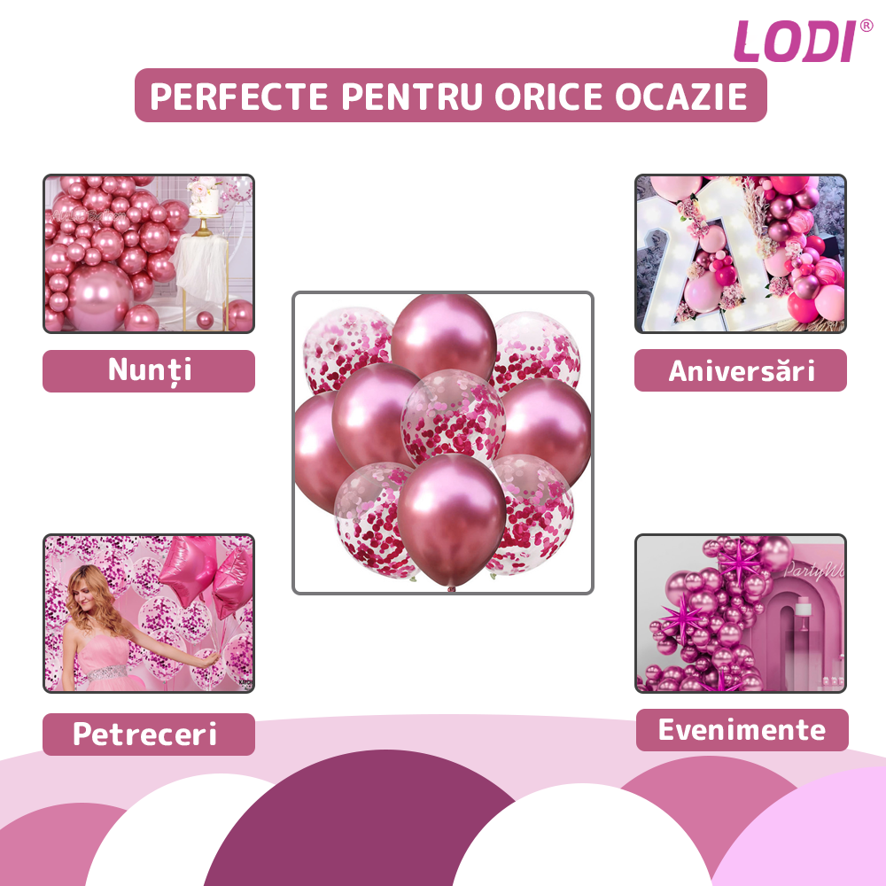 Set 10 Baloane Lodi726, Confeti, pentru Petreceri/Aniversari/Evenimente, o singura dimensiune, 2 culori, latex, roz