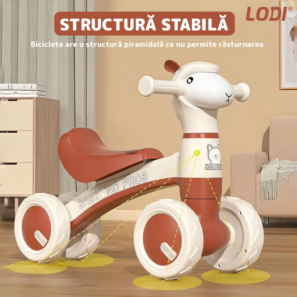 Bicicleta cu 4 Roti fara Pedale Oita Lodi1101, structura stabila, cap luminos, functie cu muzica, lansator de baloane incorporat,  80 x 58 x 51 cm, 1-3 ani,  maro