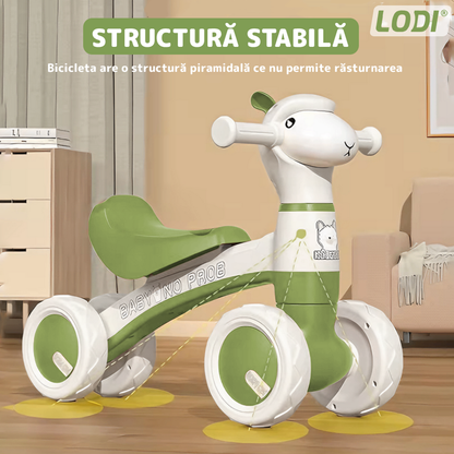 Bicicleta cu 4 Roti fara Pedale Oita Lodi1102, structura stabila, cap luminos, functie cu muzica, lansator de baloane incorporat,  80 x 58 x 51 cm, 1-3 ani, verde