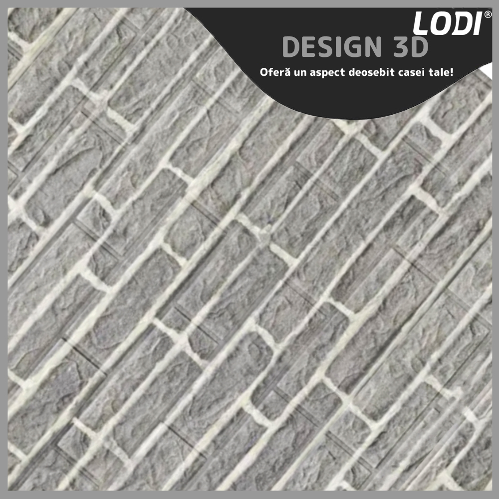 Set Tapet Caramida 3D Lodi83, Model Piatra Dreptunghiulara, suprafata acoperire 5.3 mp, autoadeziv, waterproof, usor de montat, design modern, 70x77 cm, gri