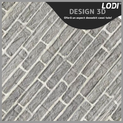 Set Tapet Caramida 3D Lodi83, Model Piatra Dreptunghiulara, suprafata acoperire 5.3 mp, autoadeziv, waterproof, usor de montat, design modern, 70x77 cm, gri