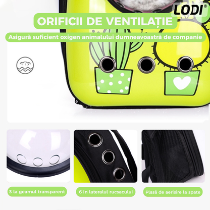 Rucsac Transport Animale Lodi27, greutate Max 7kg, hublou transparent, buzunar lateral, accesorii incluse, pentru talie mica, model Cactus, verde