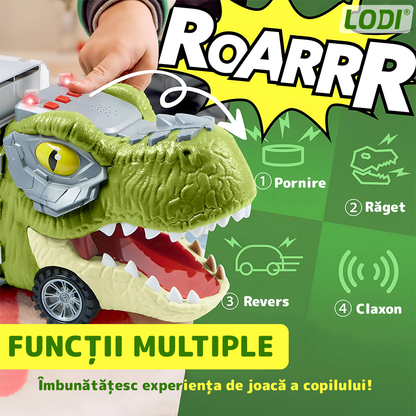 Set Camion Trailer de Jucarie pentru Transport Lodi1168, T-REX, 12 vehicule incluse, masina, barca, elicopter, accesorii mobile, lansator si rampa frontala, platforma tractare, verde deschis