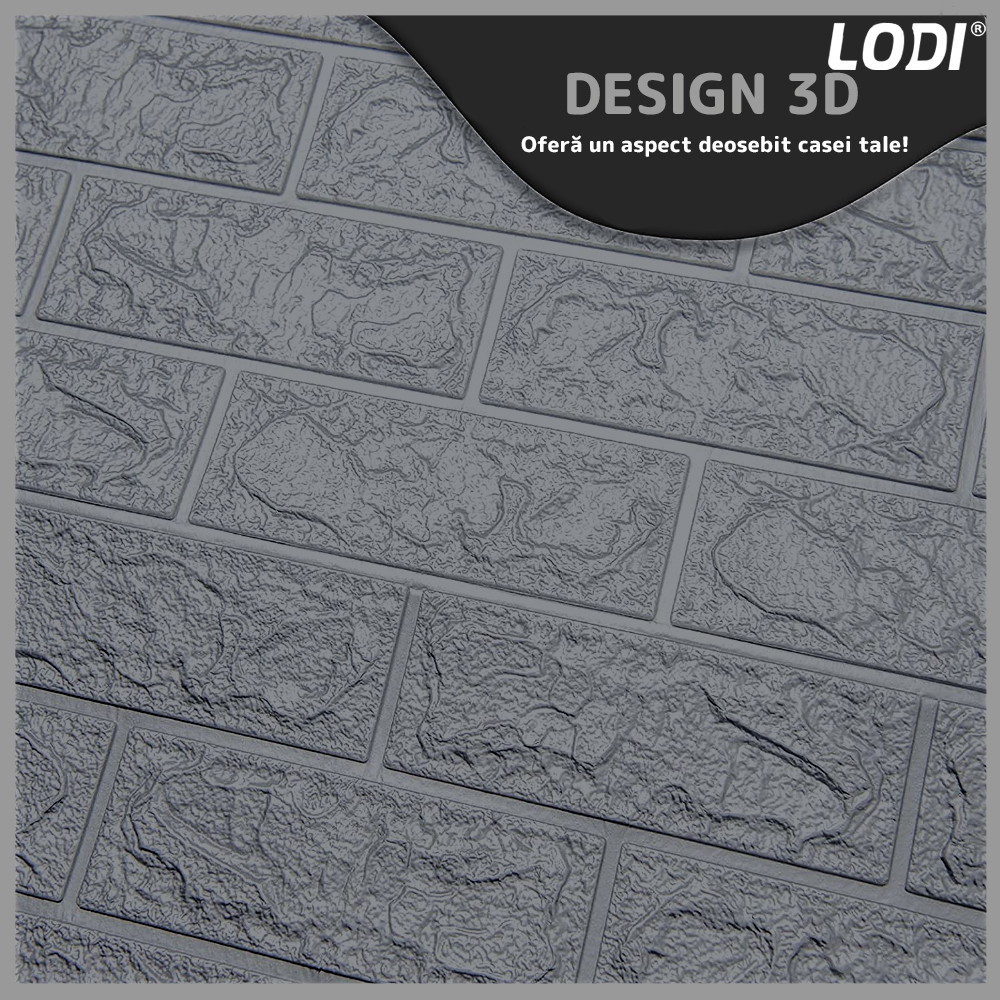 Set Tapet Caramida 3D Lodi56, suprafata acoperire 5.3 mp, autoadeziv, waterproof, usor de montat, design modern, 70x77 cm, gri