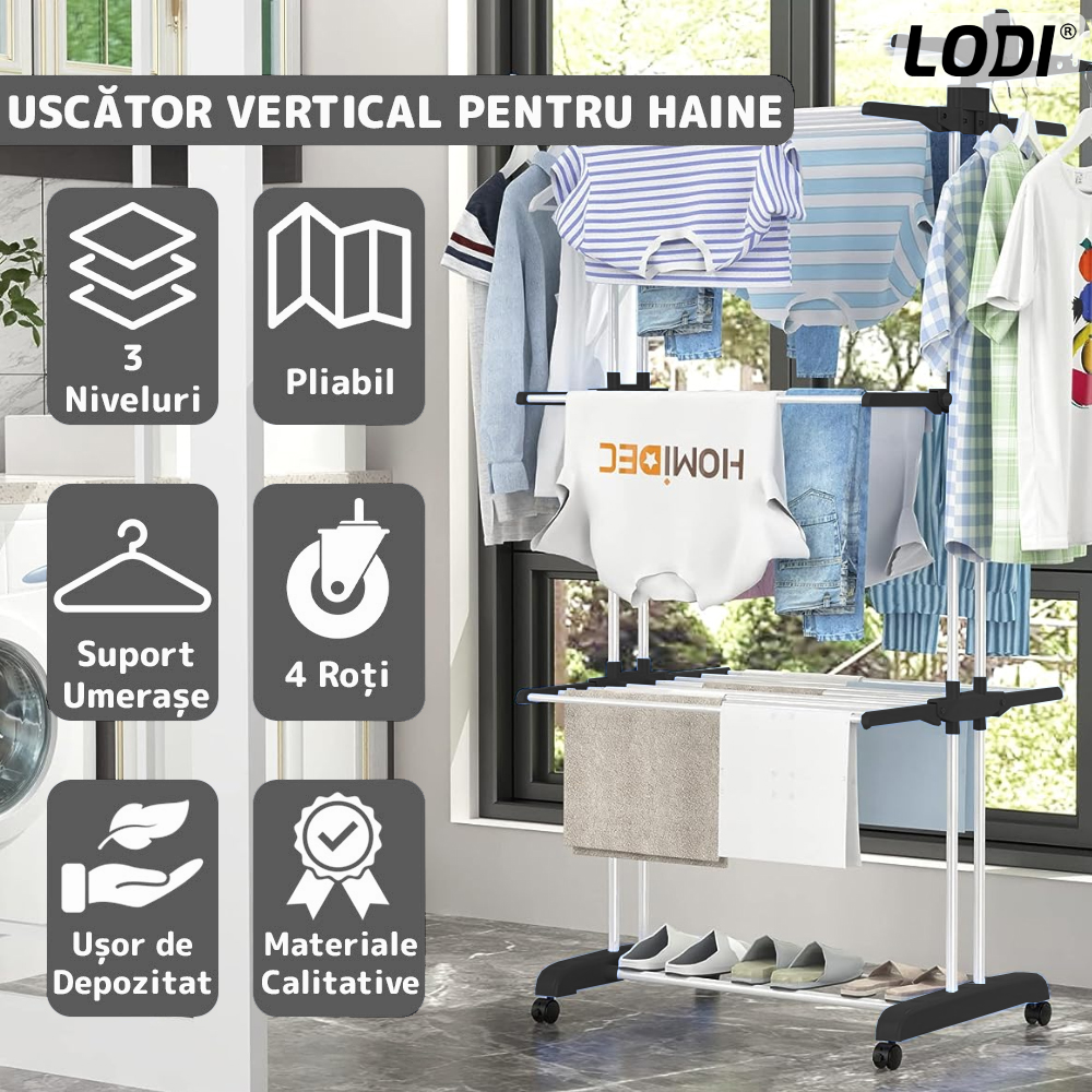 Uscator Vertical pentru Rufe si Haine Lodi1513, 3 niveluri, mobil, pliabil, pentru spatii mici, suport umerase, cadru rezistent, inaltime 175cm, negru