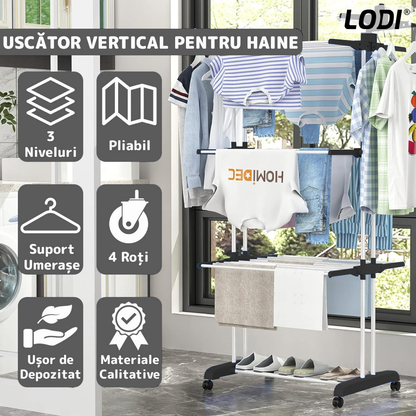 Uscator Vertical pentru Rufe si Haine Lodi1513, 3 niveluri, mobil, pliabil, pentru spatii mici, suport umerase, cadru rezistent, inaltime 175cm, negru