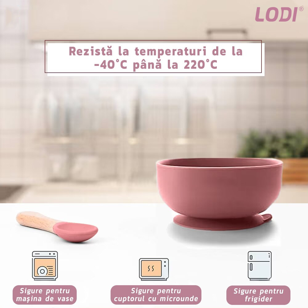 Set Hranire Bebeulsi Lodi249, 5 piese, termorezistente, silicon, fara BPA, pliabile, usor de curatat, roz blush