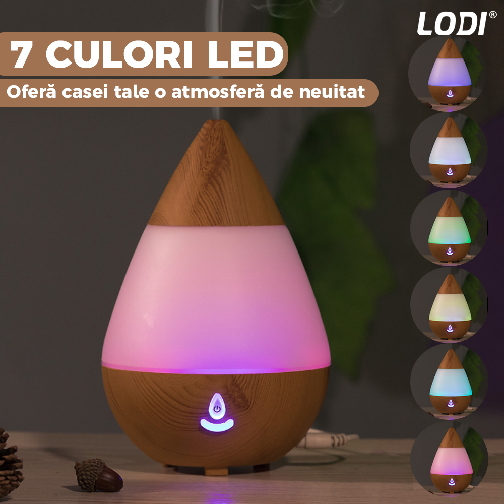Difuzor Aromaterapie Lodi214, 7 culori LED, lumini dinamice, buton on/off, capacitate 235ml, silentios, umidifica aerul, stejar deschis