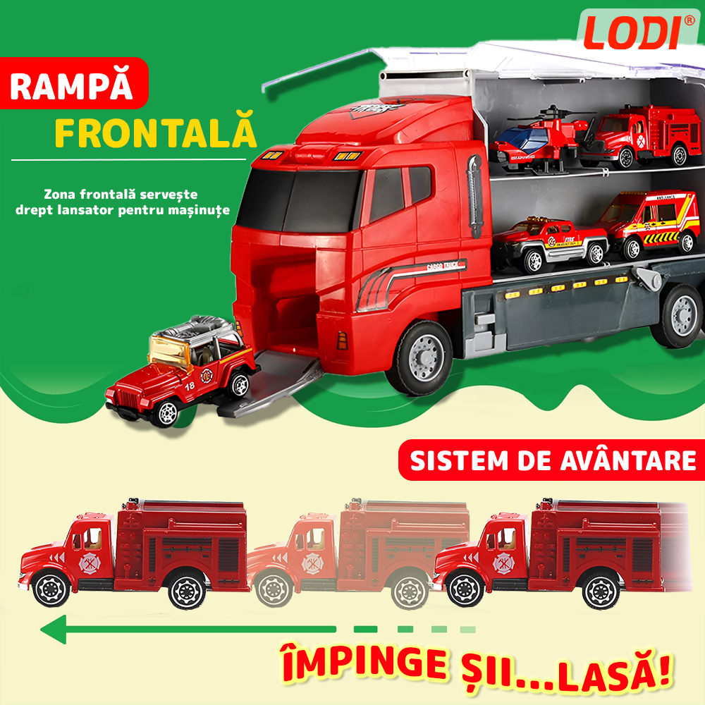 Set Camion Trailer de Jucarie pentru Transport Lodi1164, seria pompieri, 10 masinute incluse, ambulanta, utilaje, tir, accesorii mobile, lansator si rampa frontala, platforma tractare, rosu