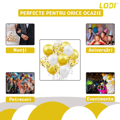 Set 15 Baloane Lodi261, Confeti, pentru Petreceri/Aniversari/Evenimente, o singura dimensiune, 3 culori, latex, auriu/alb/transparent