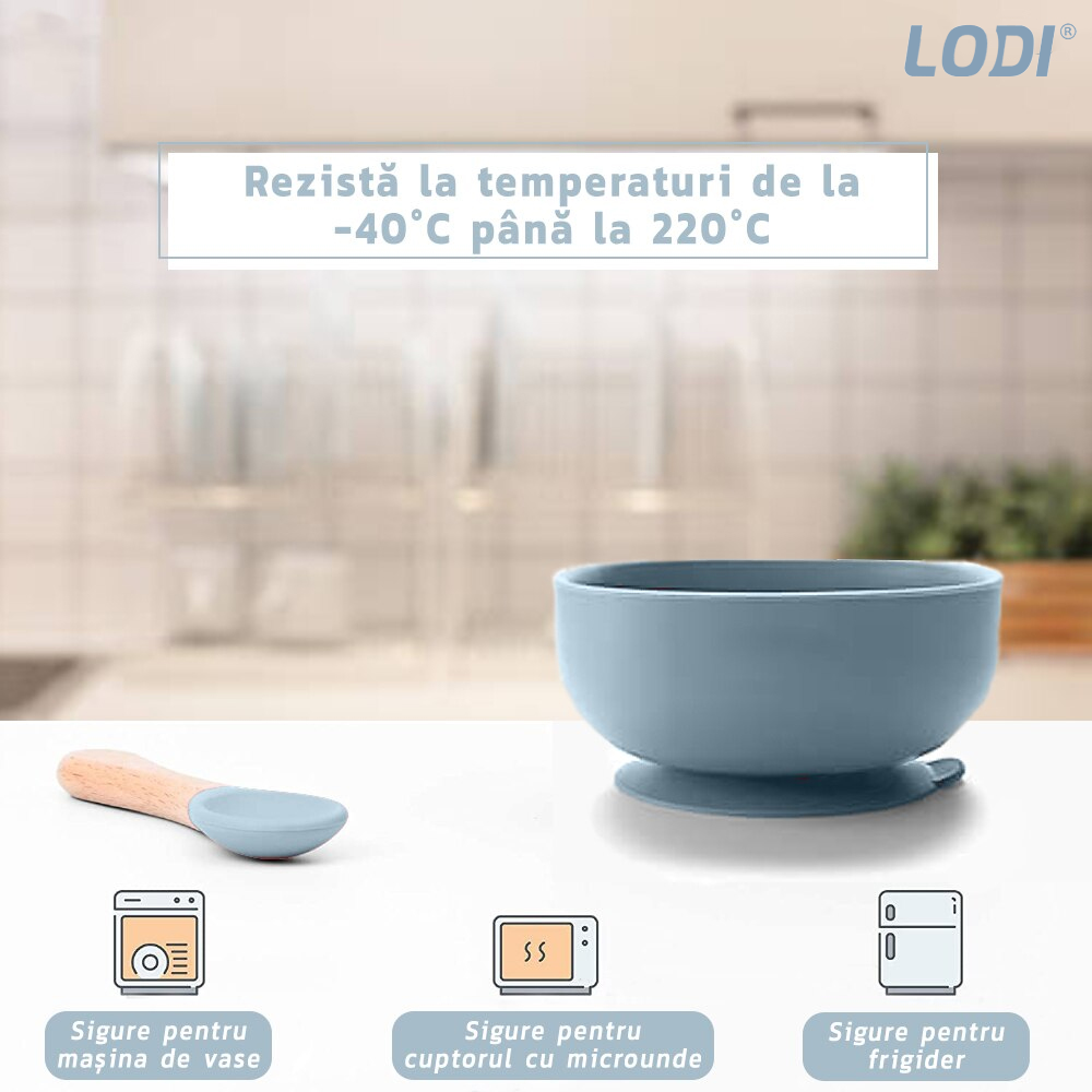 Set Hranire Bebeulsi Lodi250, 5 piese, termorezistente, silicon, fara BPA, pliabile, usor de curatat, dusty blue