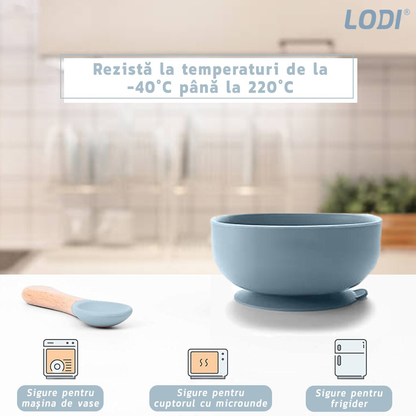 Set Hranire Bebeulsi Lodi250, 5 piese, termorezistente, silicon, fara BPA, pliabile, usor de curatat, dusty blue
