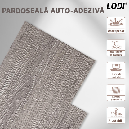 Set 36 Placi de Pardoseala Autoadezive Tip Parchet Lodi600, durabile, adeziv puternic,  PVC, 914.4mm x152.4mm, mm 4.9 m²/box, gri dungi