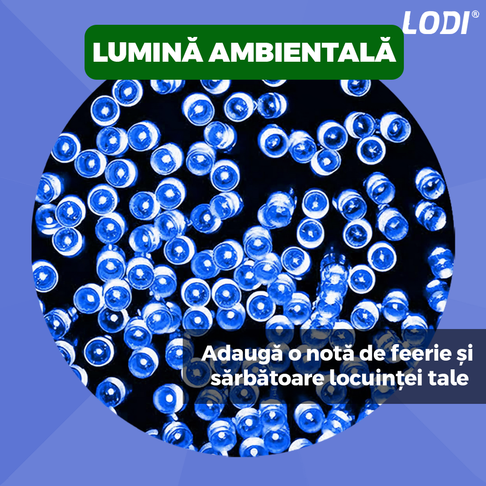 Instalatie de Craciun Liniara Lodi1438, 240 LED-uri, 8 jocuri de lumini, alimentare la priza, interior/exterior, rezistenta la apa, 50 m, albastru
