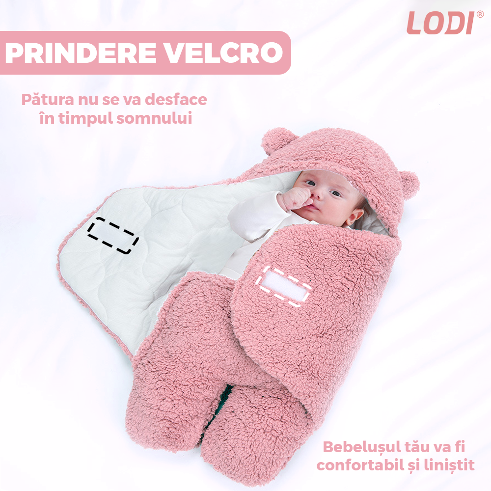 Paturica Pufoasa pentru Bebe Lodi496, calduroasa, in forma de ursulet pentru infasat bebelusi, prindere velcro, 0-6 luni, roz