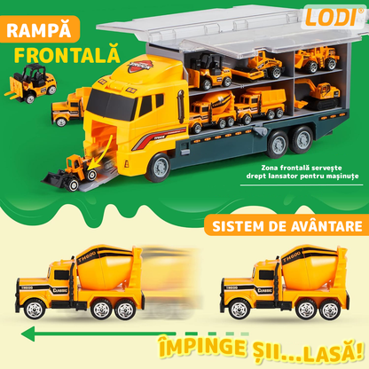 Set Camion Trailer de Jucarie pentru Transport Lodi1165, seria utilaje de constructie, 11 masinute incluse, bulldozer, utilaje, tir, accesorii mobile, lansator si rampa frontala, platforma tractare, galben