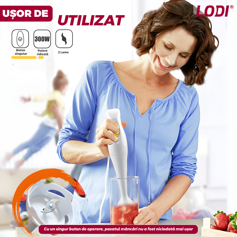 Mixer Vertical Lodi1514, viteza ridicata, lame de inox, turbo, cap detasabil pentru curatare, pentru smoothie/ piure, eficienta ridicata, 300 W, alb