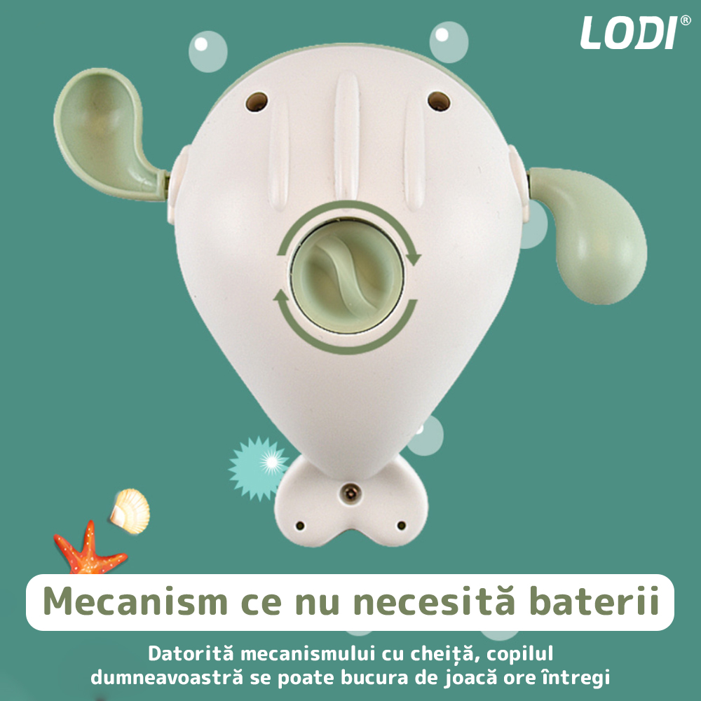 Jucarie de Baie pentru Copii Lodi32, Balena Inotatoare, interactiva, fara baterii, mecanism cu cheita, 10.7x13.2cm, verde