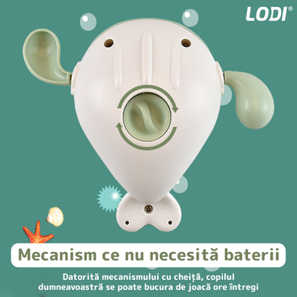 Jucarie de Baie pentru Copii Lodi32, Balena Inotatoare, interactiva, fara baterii, mecanism cu cheita, 10.7x13.2cm, verde