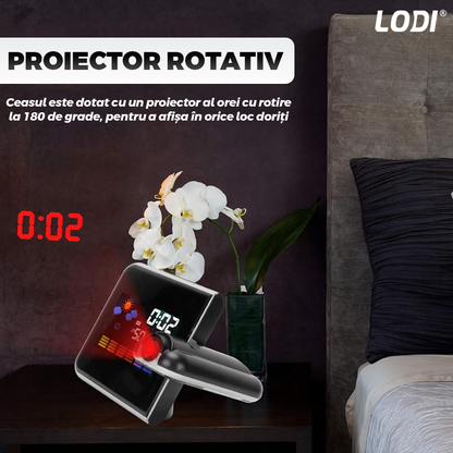 Ceas cu Proiector Multifunctional Lodi1499, statie meteo, higrometru, wireless, afisaj digital, proiector rotativ la 180°, predictie vreme 12 ore, 15 x 11 x 2.5 cm, negru