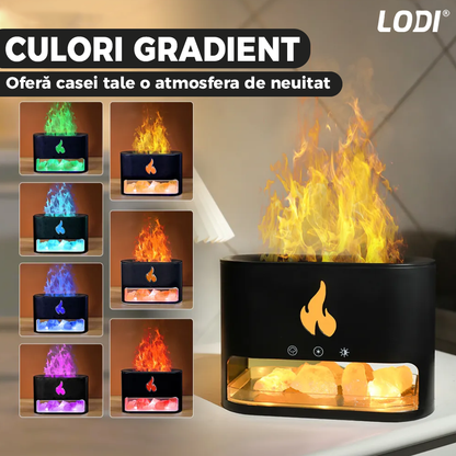 Difuzor Aromaterapie Lodi594, efect flacara, 4 culori LED, capacitate 250ml, cristale de sare de himalaya,  silentios, umidifica aerul, negru