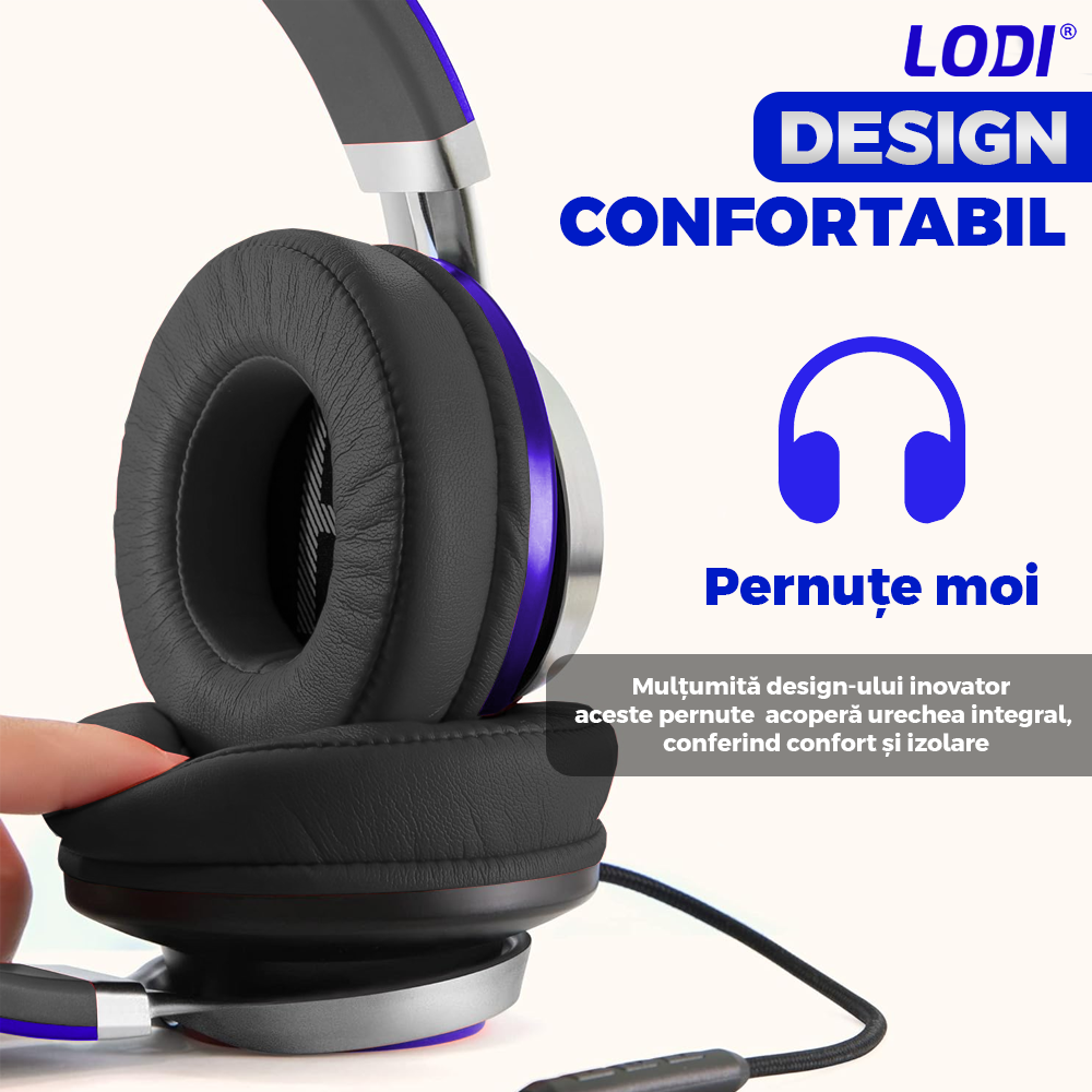 Casti Wireless Lodi963, overear, bluetooth 4.2, extra bass, blocare sunete externe, slot card TF, functii multiple, albastru