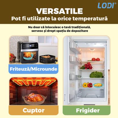 Set 4 Tavi de Copt Rotunde din Silicon Lodi988, pentru friteuza/cuptor/microunde, reutilizabile, antiaderente, rezistente la temperaturi inalte, 21 x 17 cm, multicolor