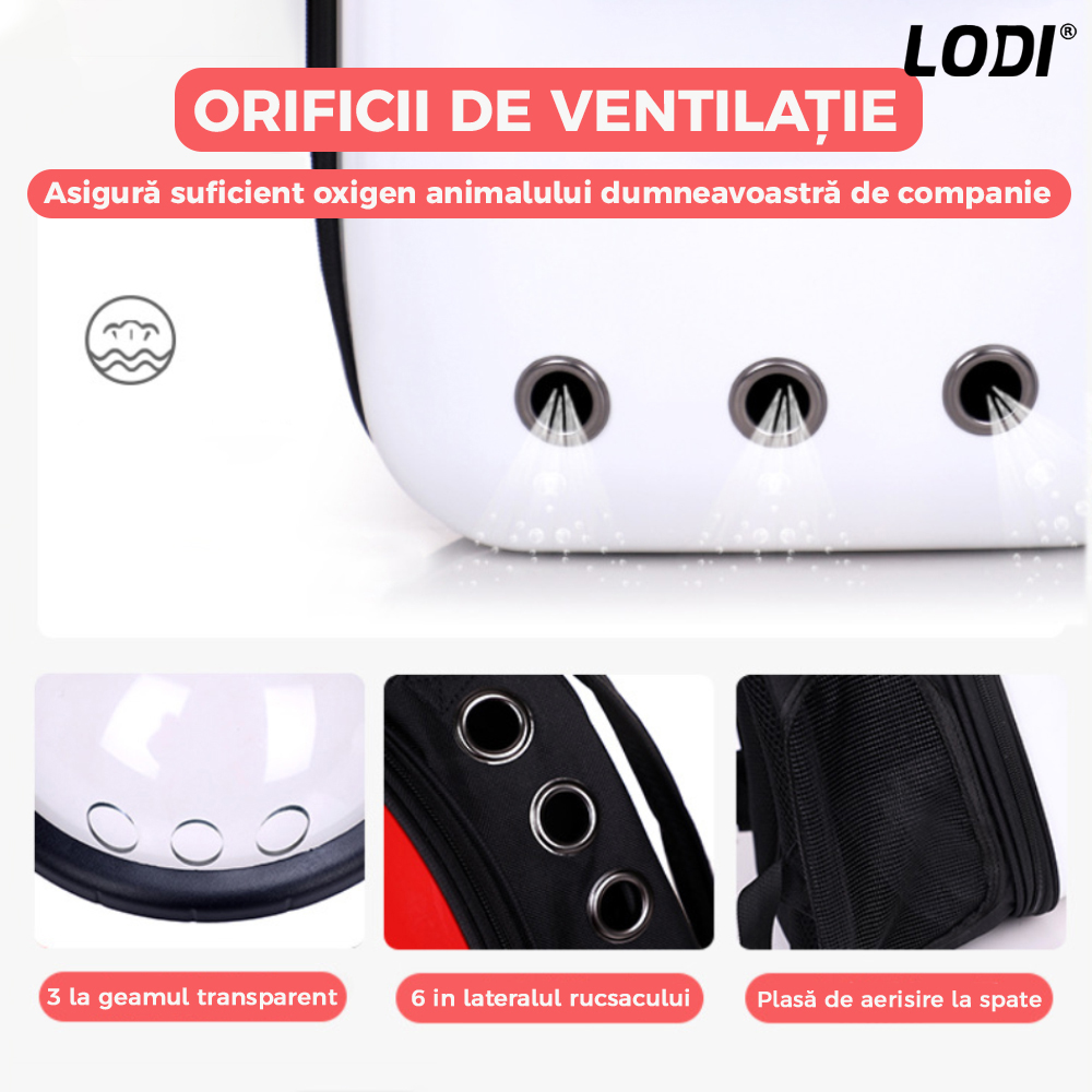 Rucsac Transport Animale Lodi46, greutate Max 7kg, hublou transparent, buzunar lateral, accesorii incluse, pentru talie mica, model Pokeball, rosu