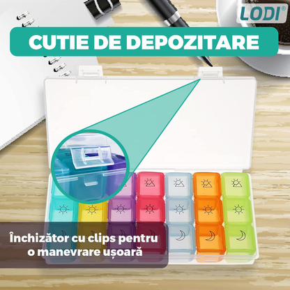 Cutie Organizatoare de Medicamente Lodi750, pastile si vitamine, 7 zile, recipiente detasabile cu 3 compartimente, compacta, 20 x 11 cm, multicolor