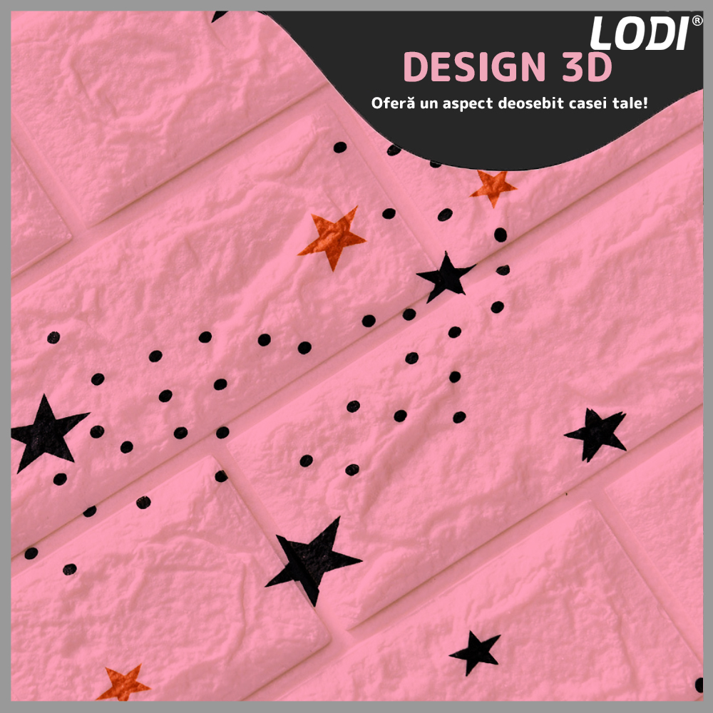 Set Tapet Caramida 3D Lodi70, model Stelute, suprafata acoperire 5.3 mp, autoadeziv, waterproof, usor de montat, design modern, 70x77 cm, roz