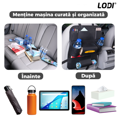 Organizator pentru Scaun Auto Lodi136, 9 Compartimente, multifunctional, universal, suport tableta si telefon, suport servetele, negru