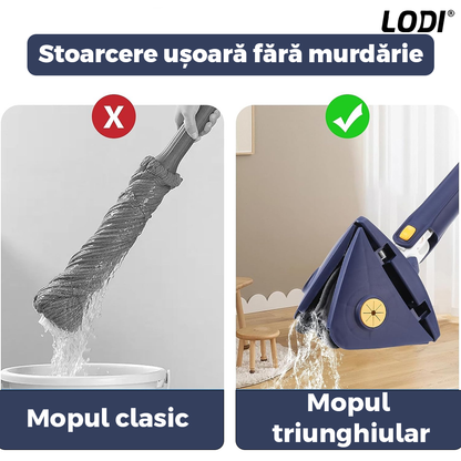 Mop cu Cap Triunghiular Lodi321, rotire 360 grade, telescopic, curatare usoara, 4 lavete incluse, 127 cm, albastru/galben