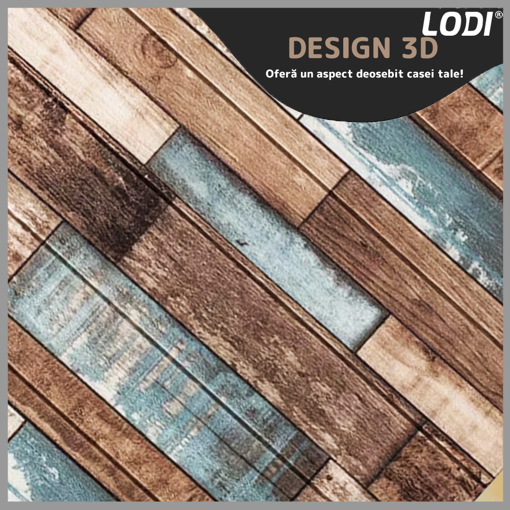 Set Tapet Panou 3D Lodi99, Model Lemn, suprafata acoperire 4.9 mp, autoadeziv, waterproof, usor de montat, design modern, 70x70 cm, multicolor