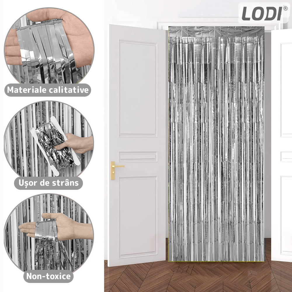 Set 2 Bucati Perdea Decorativa Lodi324, din folie argintiu metalizat, pentru petreceri aniversare