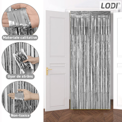 Set 2 Bucati Perdea Decorativa Lodi324, din folie argintiu metalizat, pentru petreceri aniversare