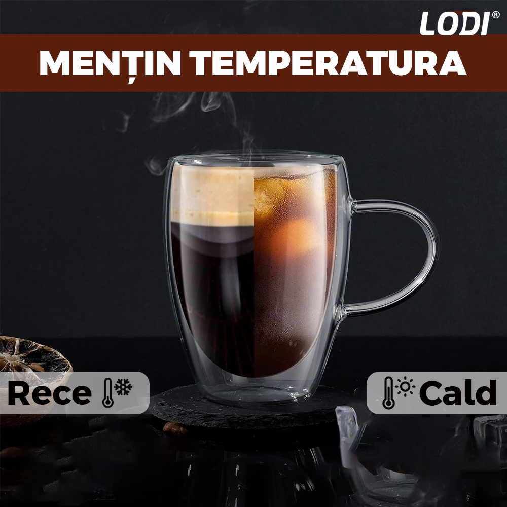 Set 4 Cani de Sticla cu Perete Dublu Lodi859, model rotund, design modern, termorezistente, capacitate 350 ml, 12 x 9 cm